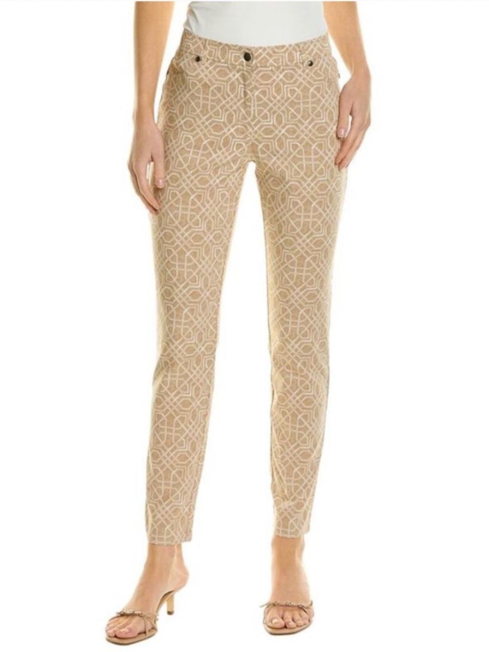 J. McLaughlin Madelyn Tapered Slim Geometric Pattern Pants Size 8 Beige White